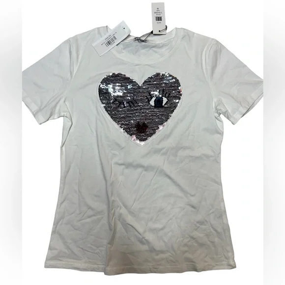 NWT WHY DRESS WOMENS TEE REVERSIBLE SEQUIN HEART SIZE M - Picture 2 of 3